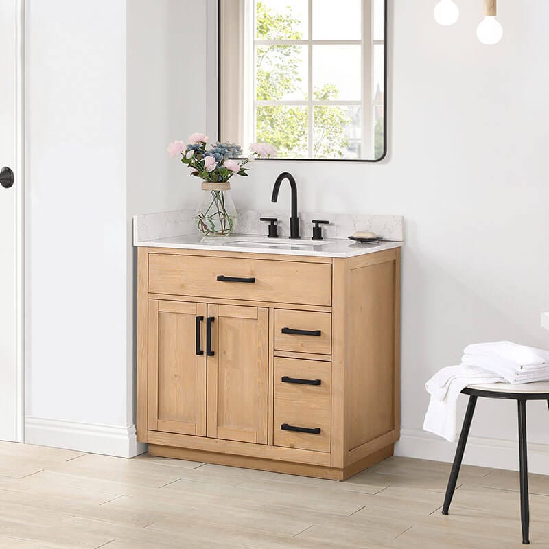 Altair Gavino 36 Single Bathroom Vanity with Top Light Brown Corner View