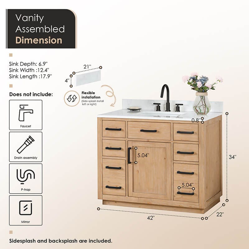 Altair Gavino 42 inch Single Bathroom Vanity with Top Light Brown Dimensions
