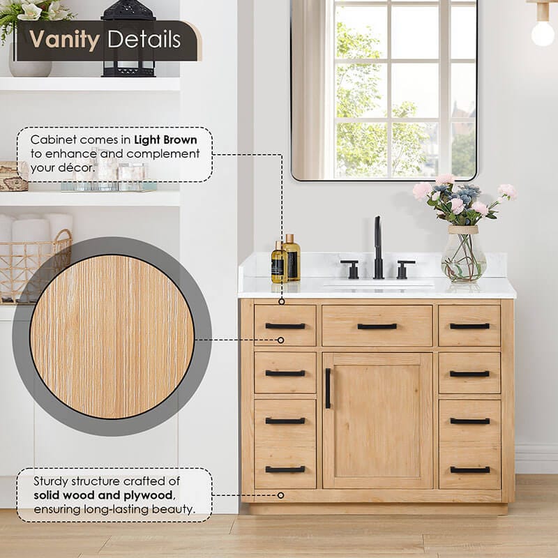 Altair Gavino 42 inch Single Bathroom Vanity with Top Light Brown Front View Detail