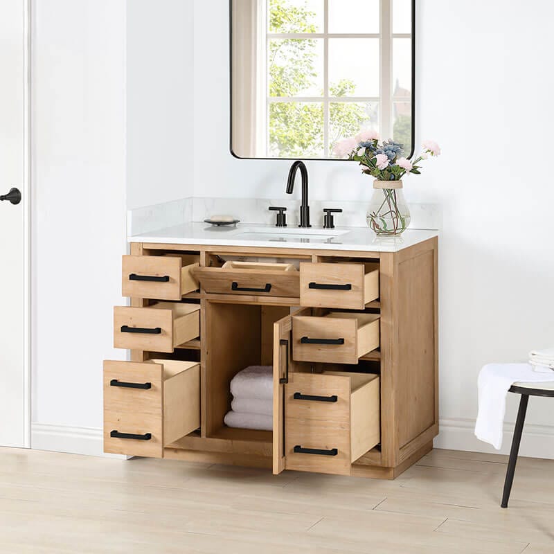 Altair Gavino 42 inch Single Bathroom Vanity with Top Light Brown Open Drawer