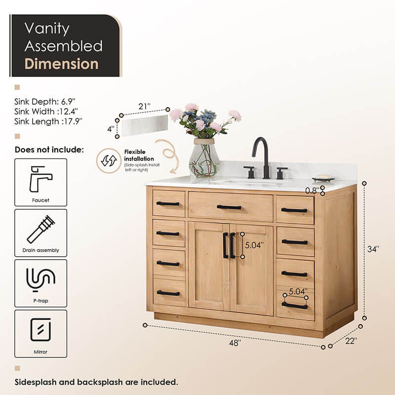 Altair Gavino 48 inch Single Bathroom Vanity with Top Light Brown Dimensions