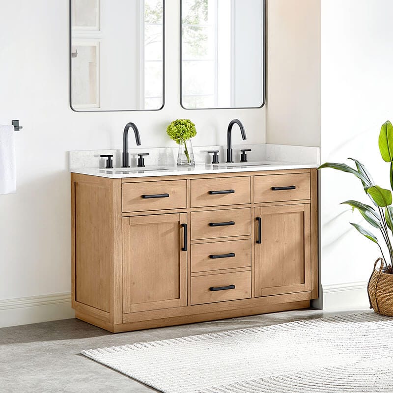 Altair Gavino 54 inch Double Bathroom Vanity with Top Light Brown Corner View