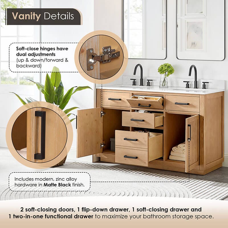 Altair Gavino 54 inch Double Bathroom Vanity with Top Light Brown Dimension Details