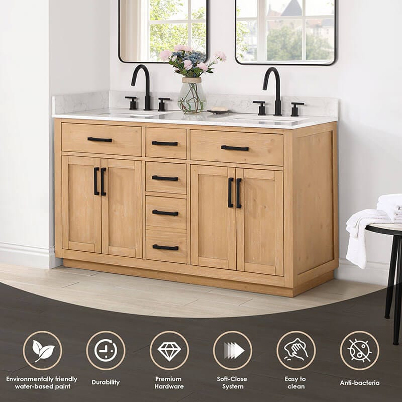 Altair Gavino 60 Double Bathroom Vanity with Top Light Brown Features