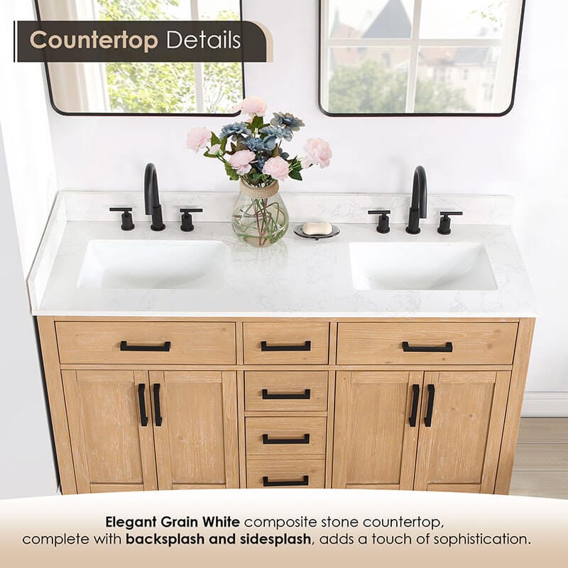 Altair Gavino 60 inch Double Bathroom Vanity with Top Light Brown Countertop