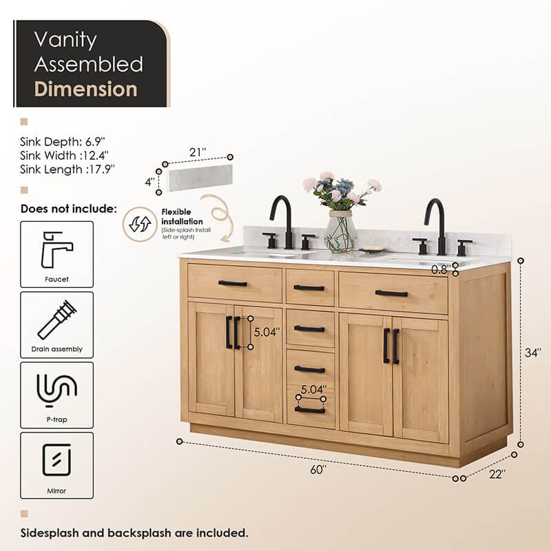 Altair Gavino 60 inch Double Bathroom Vanity with Top Light Brown Dimension