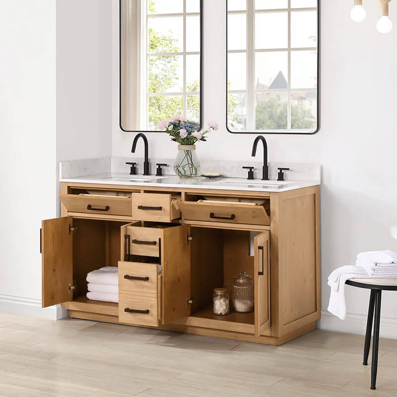 Altair Gavino 60 inch Double Bathroom Vanity with Top Light Brown Open Drawer