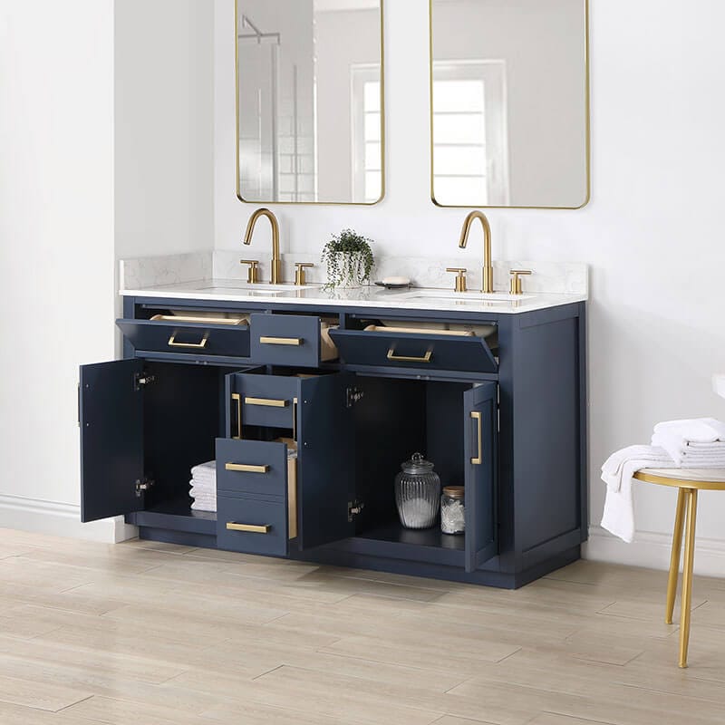Altair Gavino 60 inch Double Bathroom Vanity with Top Royal Blue Open Drawer