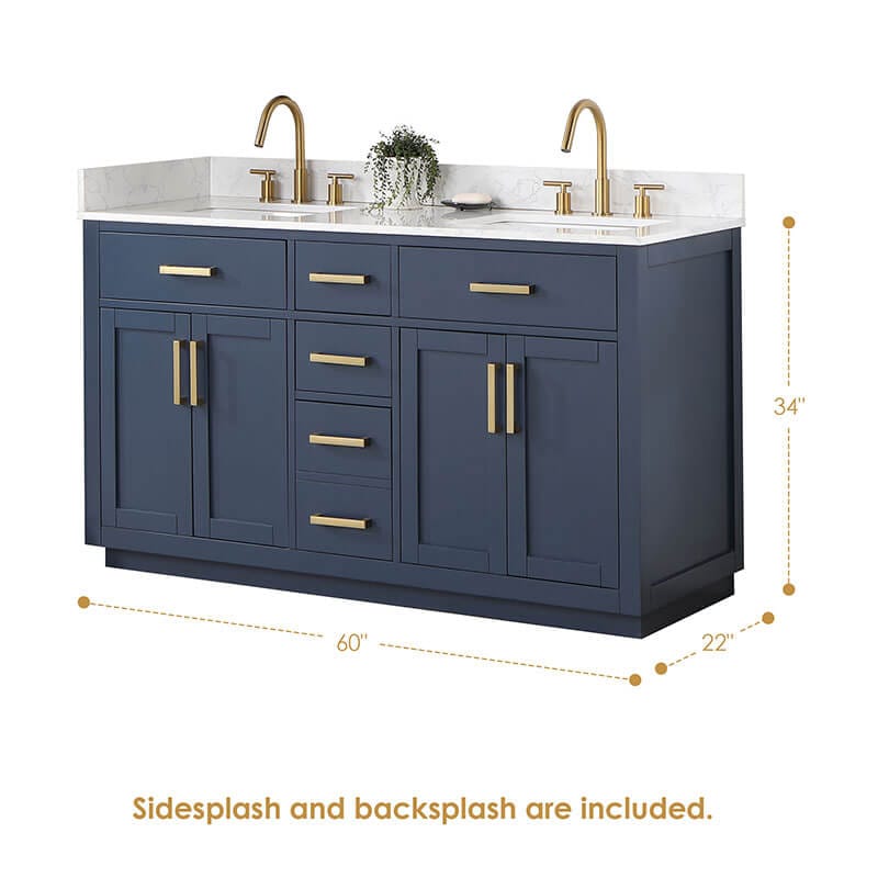 Altair Gavino 60 inch Double Bathroom Vanity with Top Royal Blue Side Splash