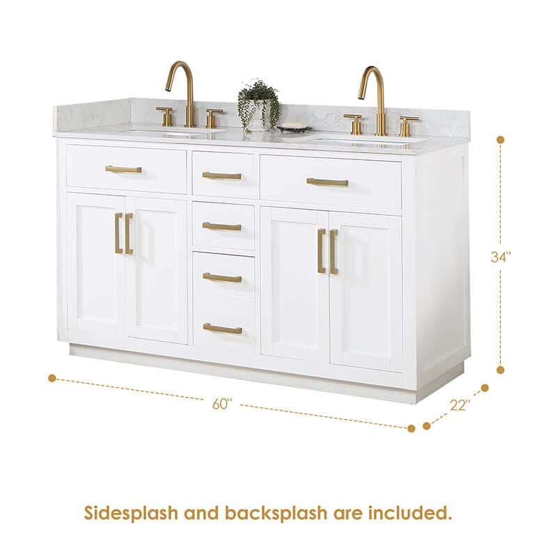 Altair Gavino 60 inch Double Bathroom Vanity with Top White Side Splash