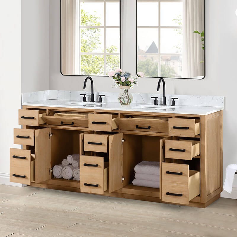 Altair Gavino 84 inch Double Bathroom Vanity with Top Light Brown Corner View Open Drawer