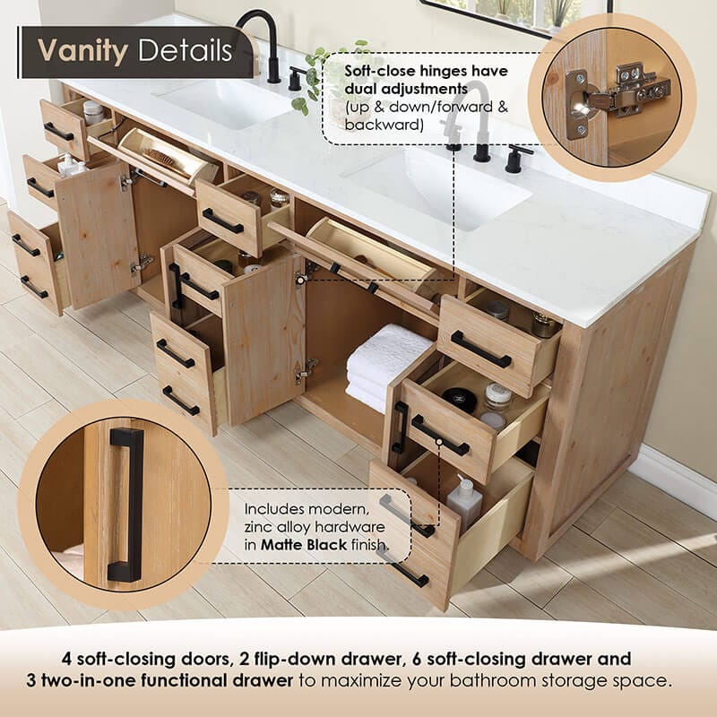 Altair Gavino 84 inch Double Bathroom Vanity with Top Light Brown Countertop Corner View