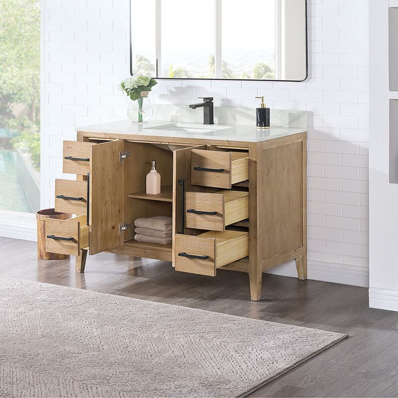 Altair Laurel 48 inch Single Bathroom Vanity with Top Weathered Fir Corner View Open Drawer