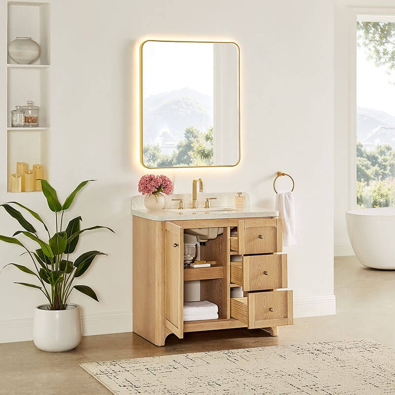 Altair Milner 36 inch Single Bathroom Vanity with Top Brushed Oak Corner View