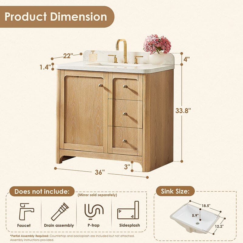 Altair Milner 36 inch Single Bathroom Vanity with Top Brushed Oak Dimension