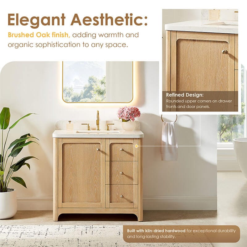 Altair Milner 36 inch Single Bathroom Vanity with Top Brushed Oak Front View Detail