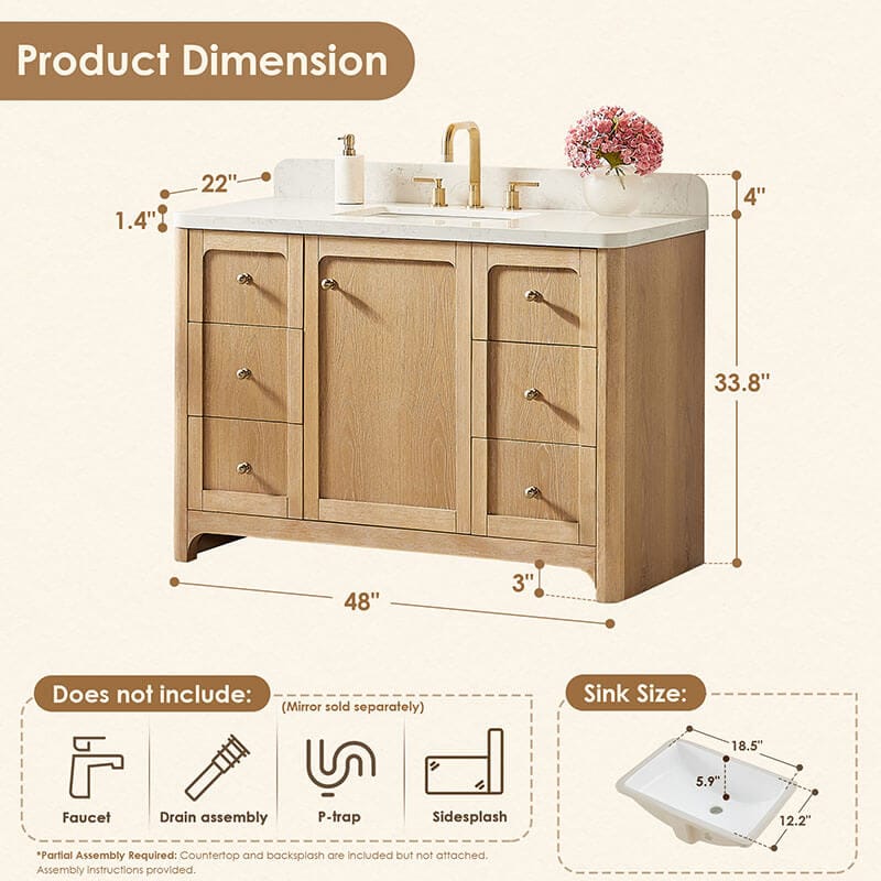 Altair Milner 48 inch Single Bathroom Vanity with Top Brushed Oak Dimension