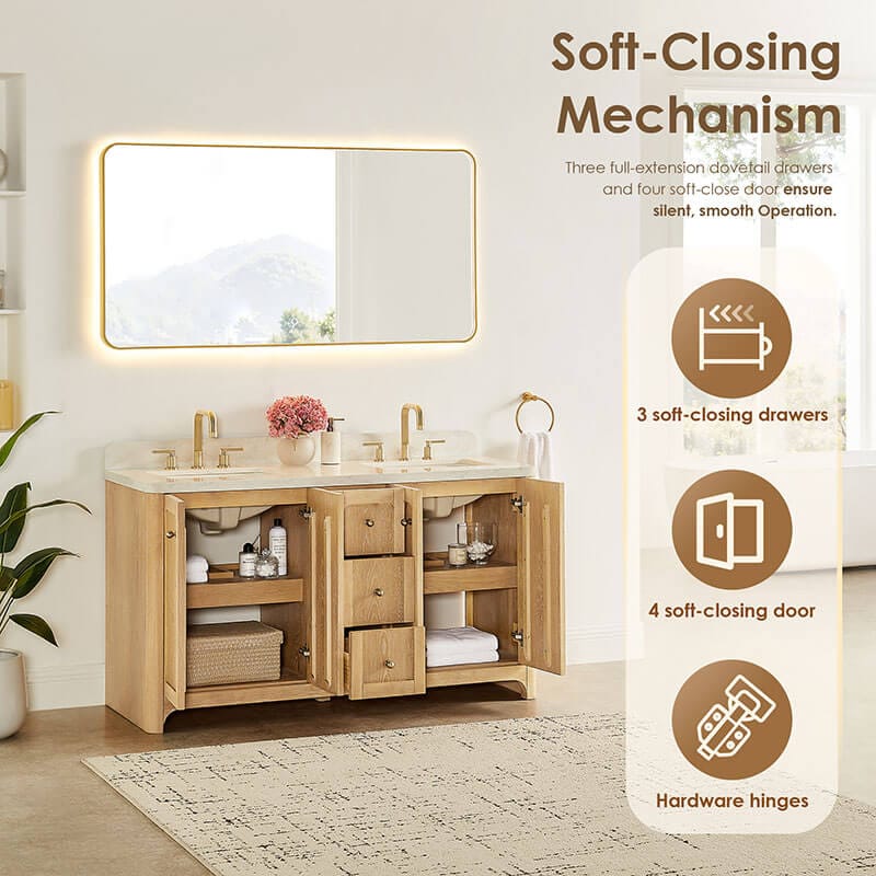Altair Milner 60 Double Bathroom Vanity with Top Brushed Oak Soft Close Drawer