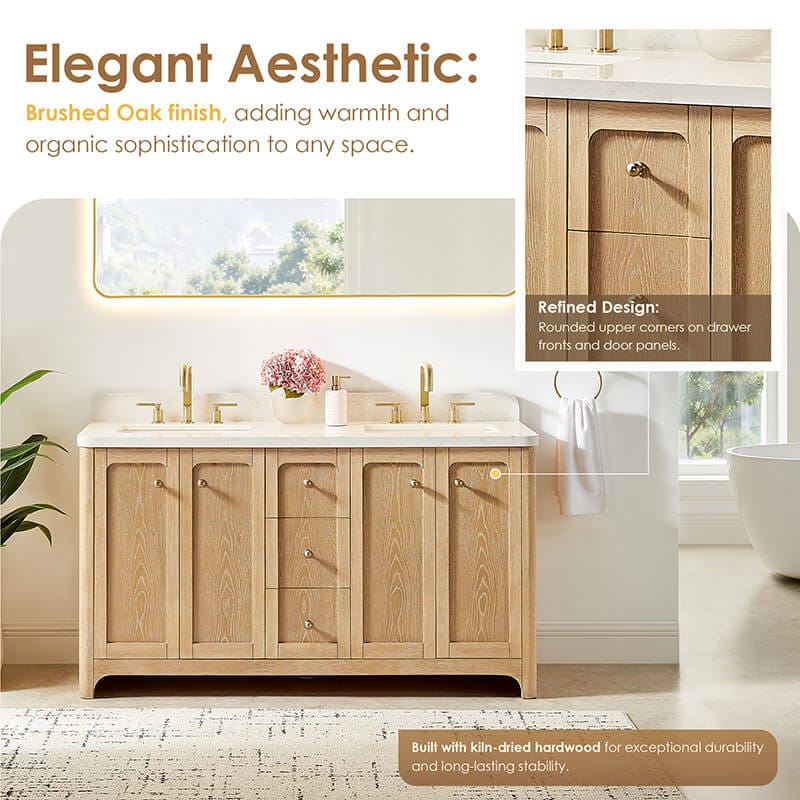Altair Milner 60 inch Double Bathroom Vanity with Top Brushed Oak Front View Detail