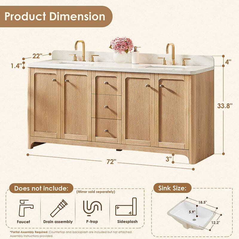 Altair Milner 72 inch Double Bathroom Vanity with Top Brushed Oak Dimension