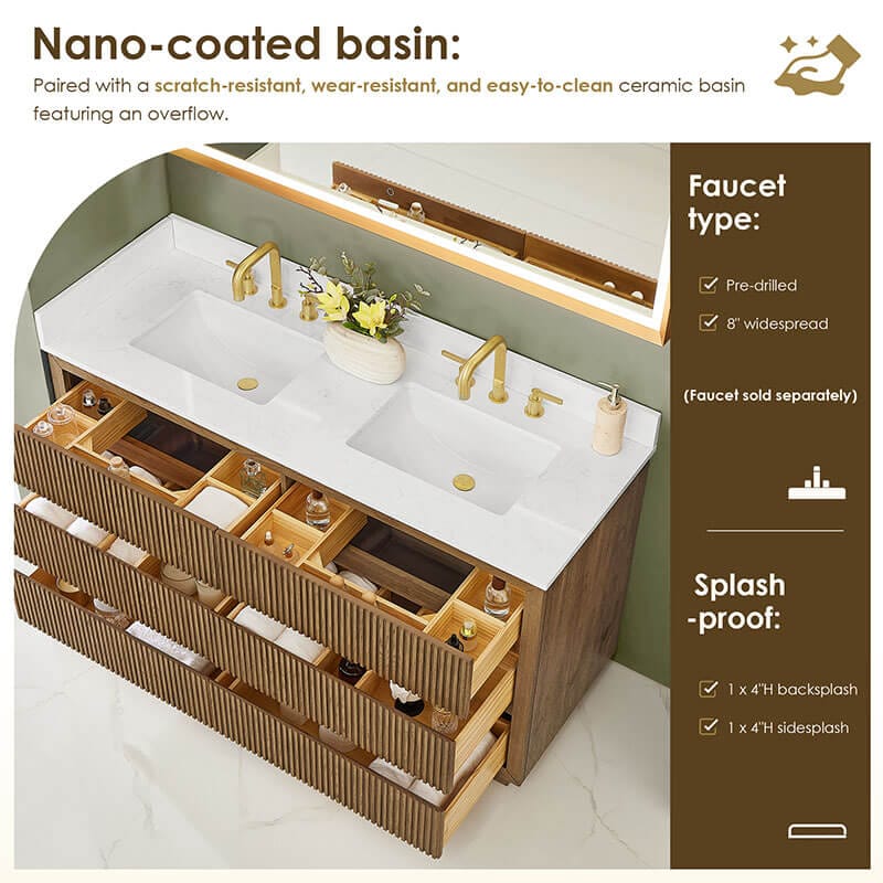 Altair Navan 60 inch Double Bathroom Vanity with Top Weathered Brown Nano Coated Basin