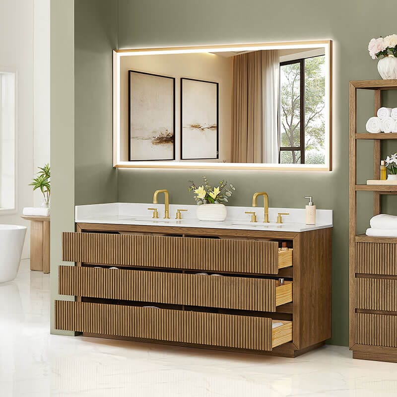 Altair Navan 72 Double Bathroom Vanity with Top Weathered Brown Corner View Open Drawer