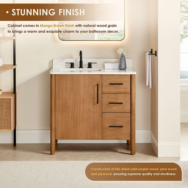 Altair Velora 36 Single Bathroom Vanity with Top Mango Brown Front View Detail