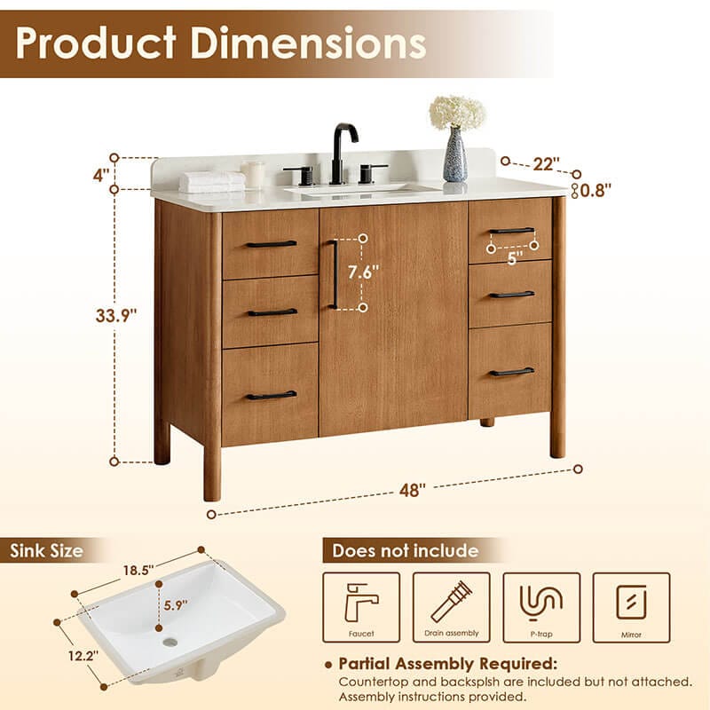 Altair Velora 48 Single Bathroom Vanity with Top Mango Brown Dimension