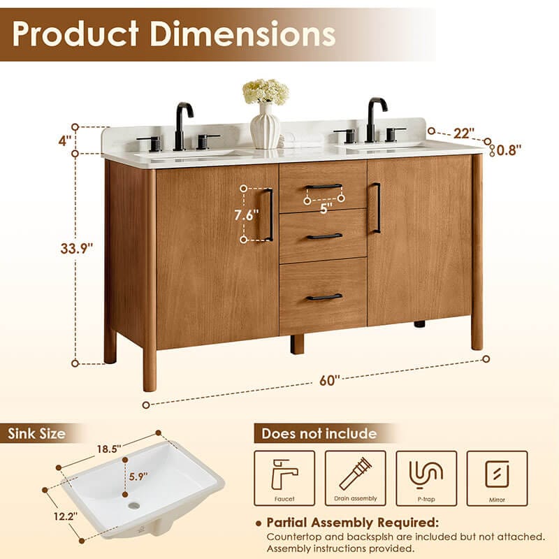 Altair Velora 60 Double Bathroom Vanity with Top Mango Brown Dimension