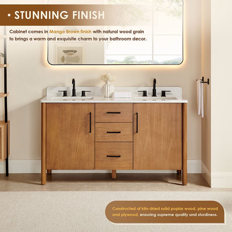 Altair Velora 60 inch Double Bathroom Vanity with Top Mango Brown Front View Detail