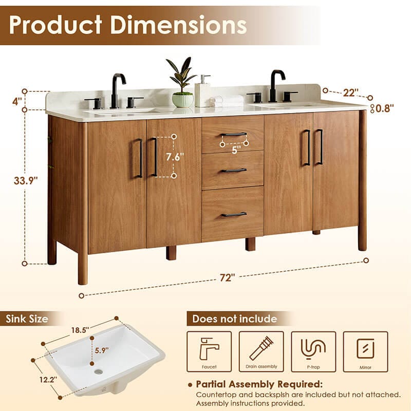 Altair Velora 72 inch Double Bathroom Vanity with Top Mango Brown Dimension