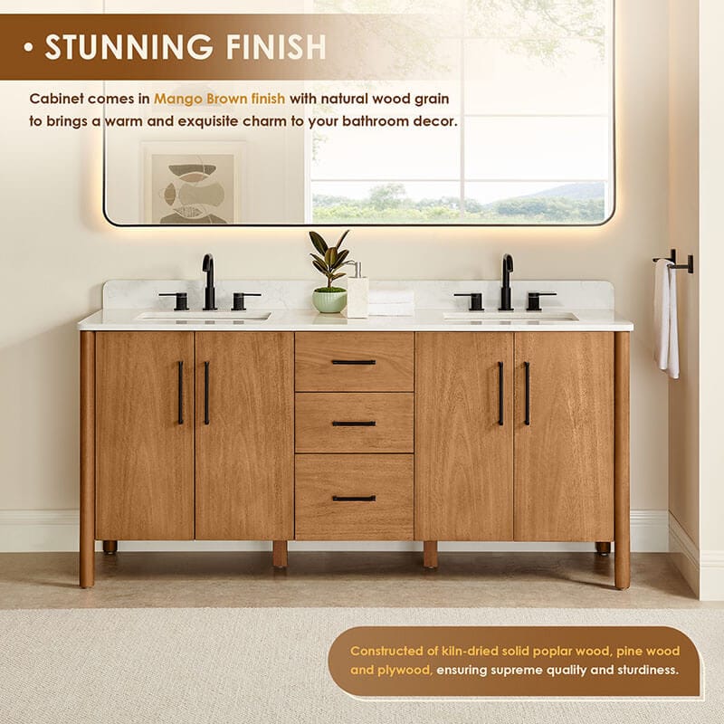 Altair Velora 72 inch Double Bathroom Vanity with Top Mango Brown Front View Detail