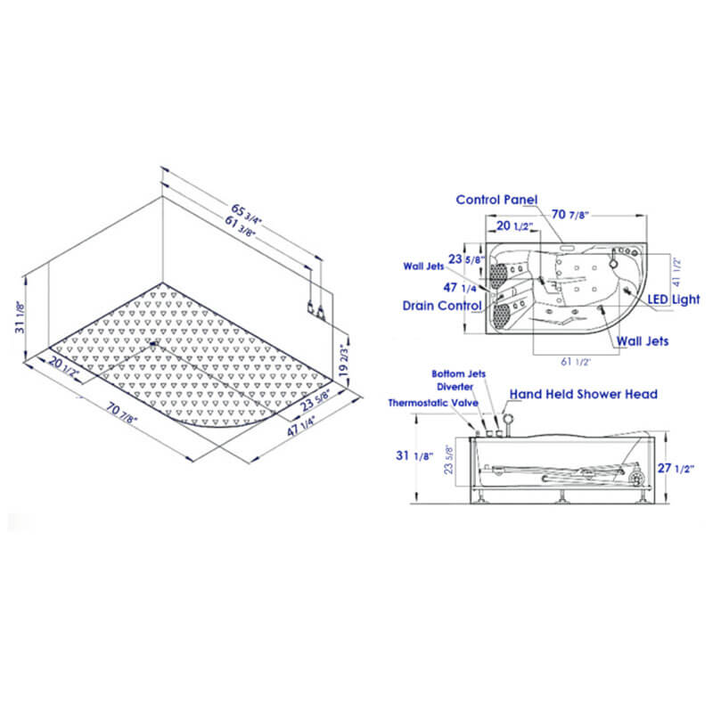 AM124ETL-R 6 ft Right Corner Acrylic White Whirlpool Bathtub for Two Specifications