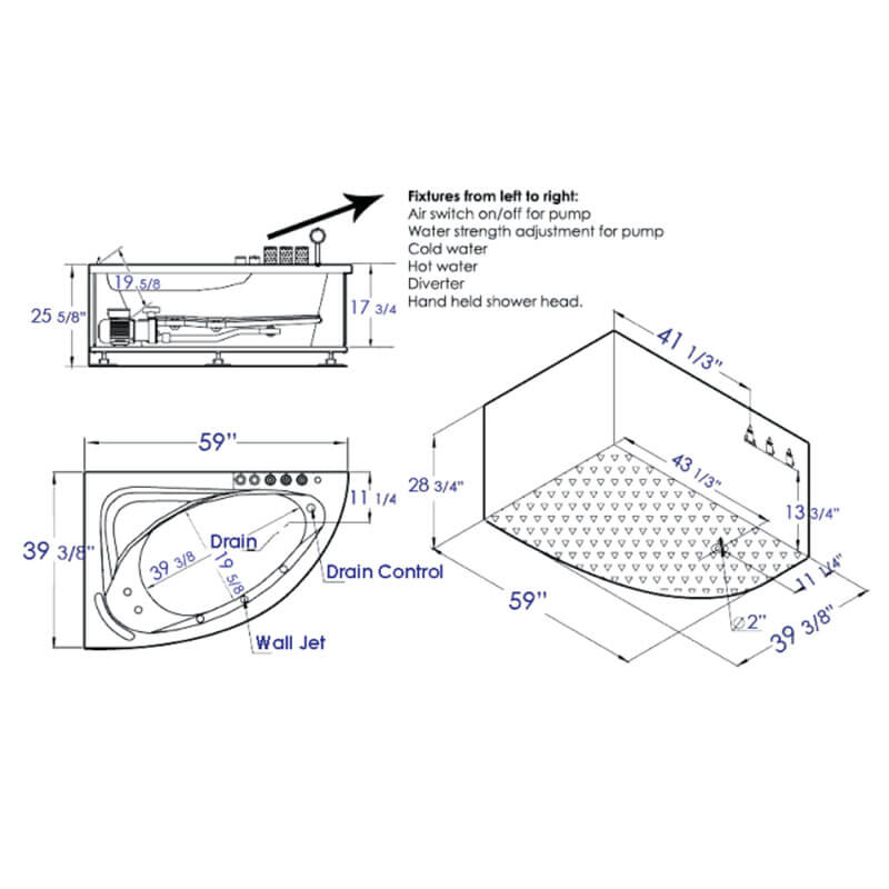 AM161-R 59 inch Single Person Corner White Acrylic Whirlpool Bathtub Specification