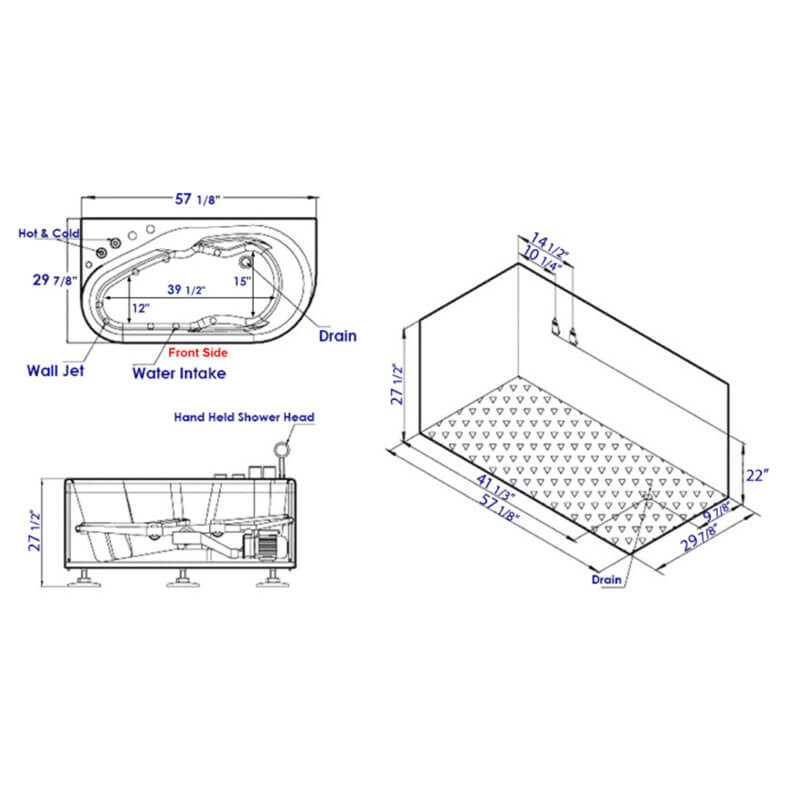 AM175-L 57 inch White Acrylic Jetted Whirlpool Bathtub with Fixtures Specification