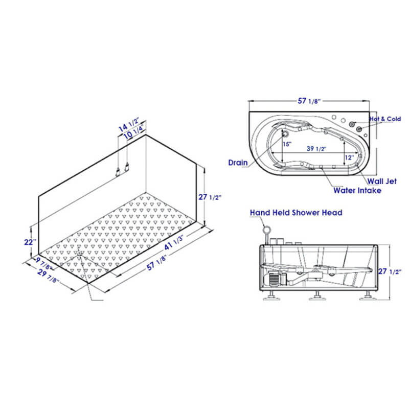 AM175-R 57 inch White Acrylic Jetted Whirlpool Bathtub with Fixtures Technical Drawing
