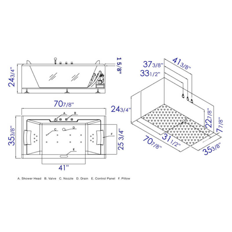 AM189ETL-R 6 ft Left Drain Acrylic White Whirlpool Bathtub with Fixtures Diagram
