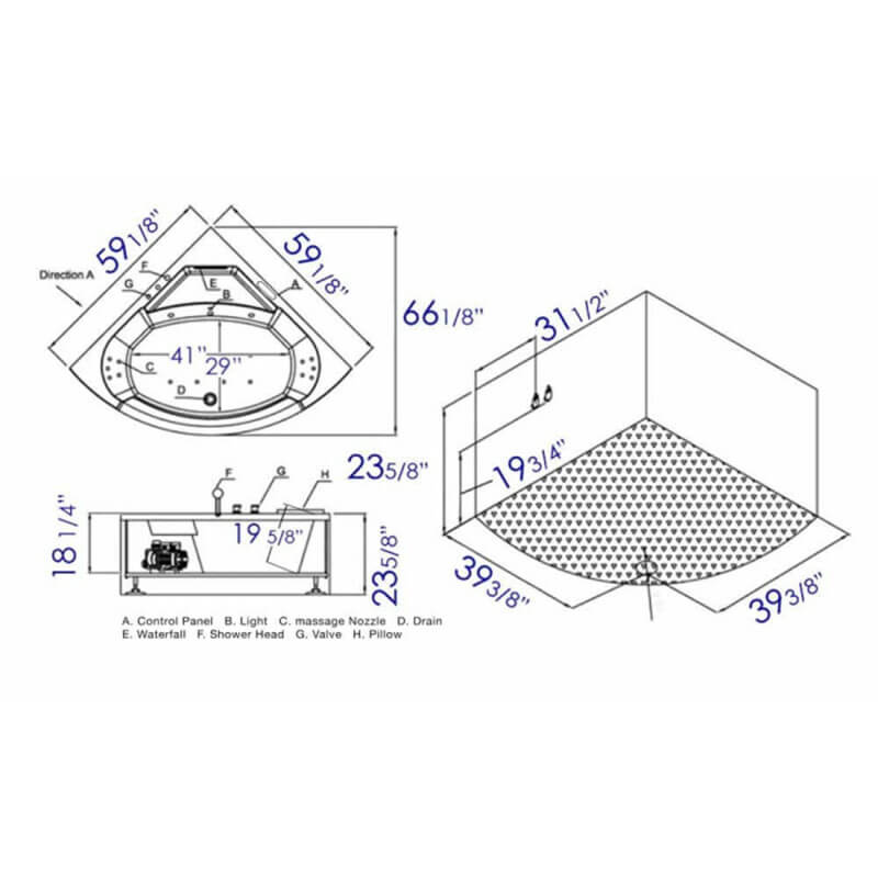 Am197etl 5 Ft Clear Rounded Corner Acrylic Whirlpool Bathtub for Two Technical Diagram