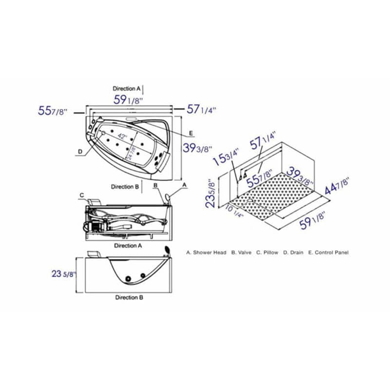 AM198ETL-L 5 ft Clear Rounded Left Corner Acrylic Whirlpool Bathtub Technical Drawing