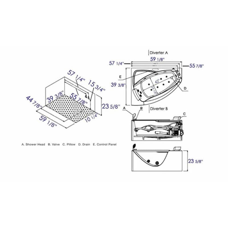 AM198ETL-R 5 ft Clear Rounded Right Corner Acrylic Whirlpool Bathtub Technical Diagram