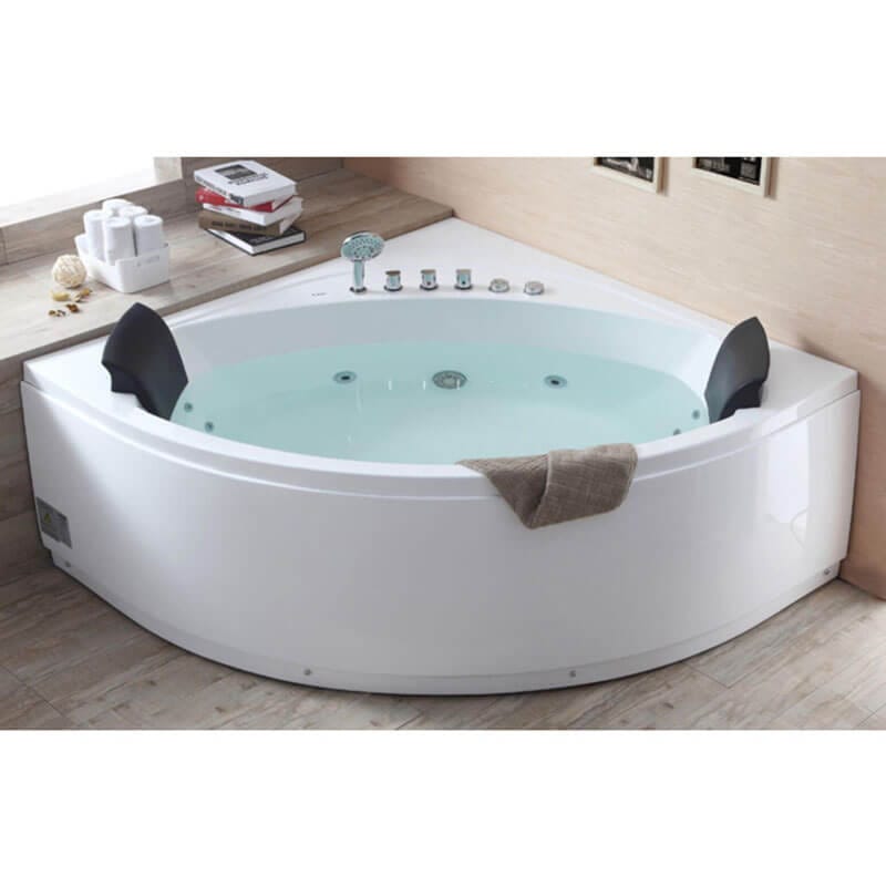 AM200 5' Rounded Modern Double Seat Corner Whirlpool Bathtub with Fixtures Front View Bathroom Set up