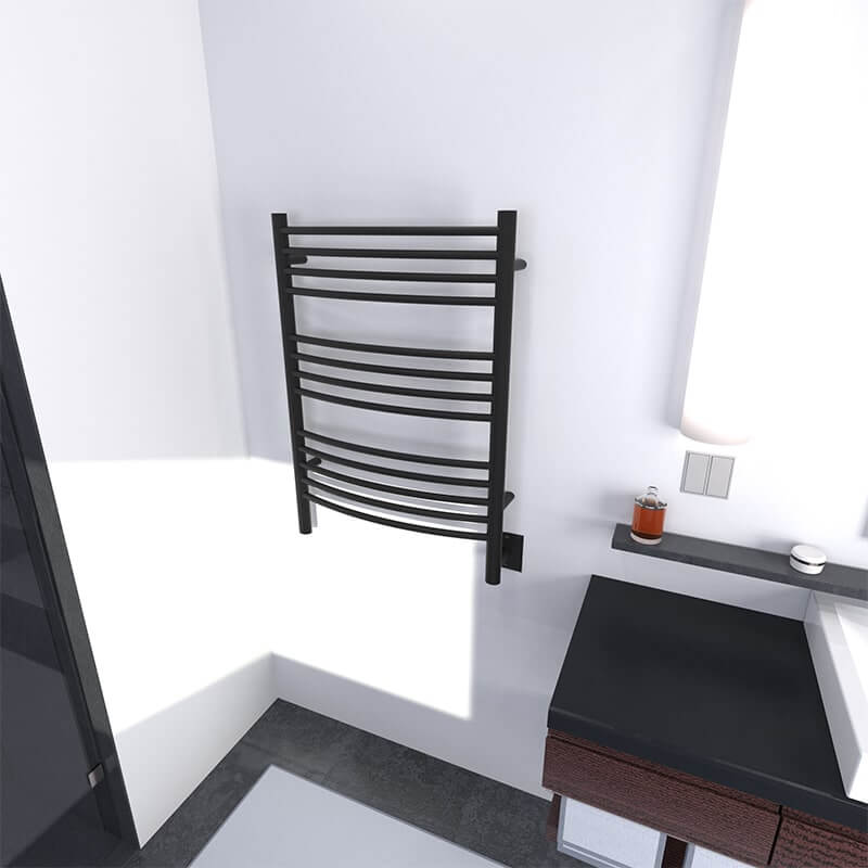 Amba Jeeves Model C Curved 13 Bar Hardwired Towel Warmer in Matte Black Top Front View Lifestyle