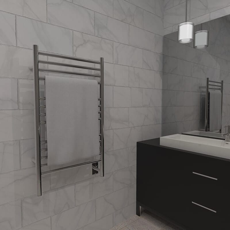 Amba Jeeves Model C Straight 13 Bar Hardwired Towel Warmer in Polished Stainless Near Vanity