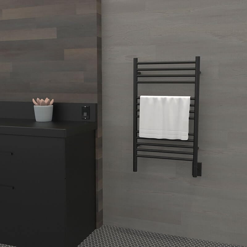 Amba Jeeves Model C Straight in Matte Black Corner View Mounted With White Towel