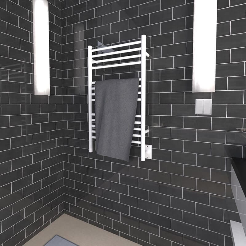 Amba Jeeves Model C Straight in White Corner View Mounted With Gray Towel