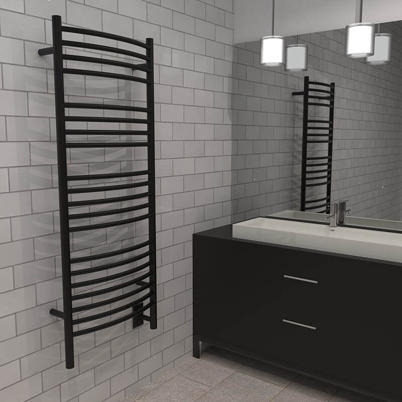 Amba Jeeves Model D Curved 20 Bar Hardwired Towel Warmer in Matte Black Corner View Lifestyle