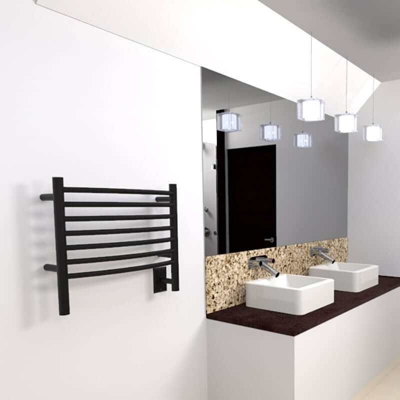 Amba Jeeves Model H Curved in Matte Black Corner View Beside Vanity