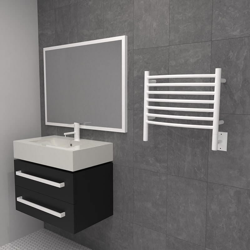 Amba Jeeves Model H Curved in White Beside a Vanity