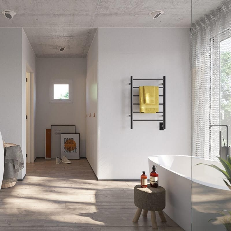 Amba Jeeves Model J Straight 6 Bar Hardwired Drying Rack in Matte Black Front View With Yellow Towel