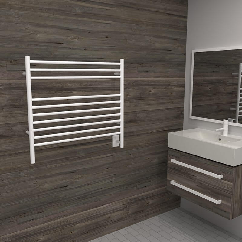 Amba Jeeves Model K Straight 10 Bar Hardwired Towel Warmer in White Corner View Lifestyle